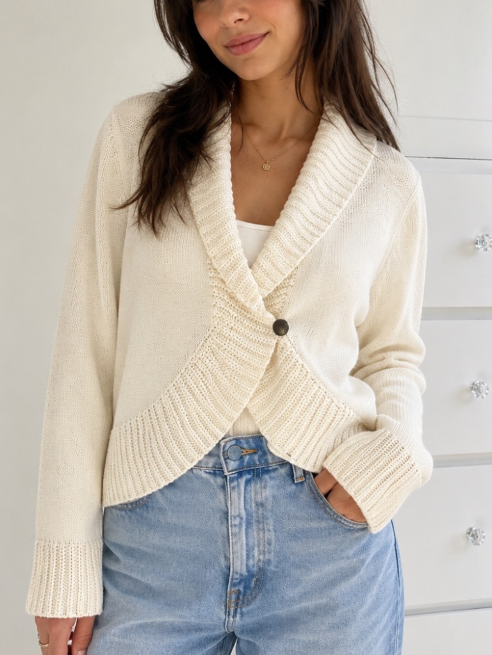 Chaps Cream Cotton Blend Shawl Collar Cardigan Sweater XL Cozy Cottage